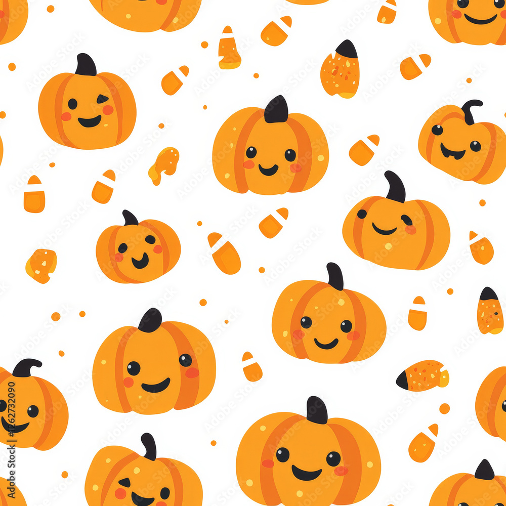 A kawaii Halloween pumpkin pattern with adorable smiling faces and tiny candy corns A kawaii Halloween pumpkin pattern with adorable smiling faces and tiny candy corns