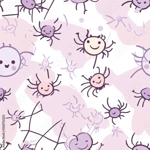 A cute kawaii spider pattern with smiling little spiders waving from their webs
