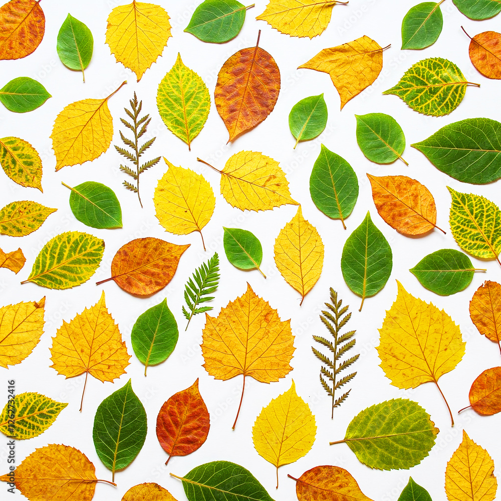 Obraz premium Colorful Foliage Background with Mixed Leaves,Multicolor Leaf Arrangement on Light Surface