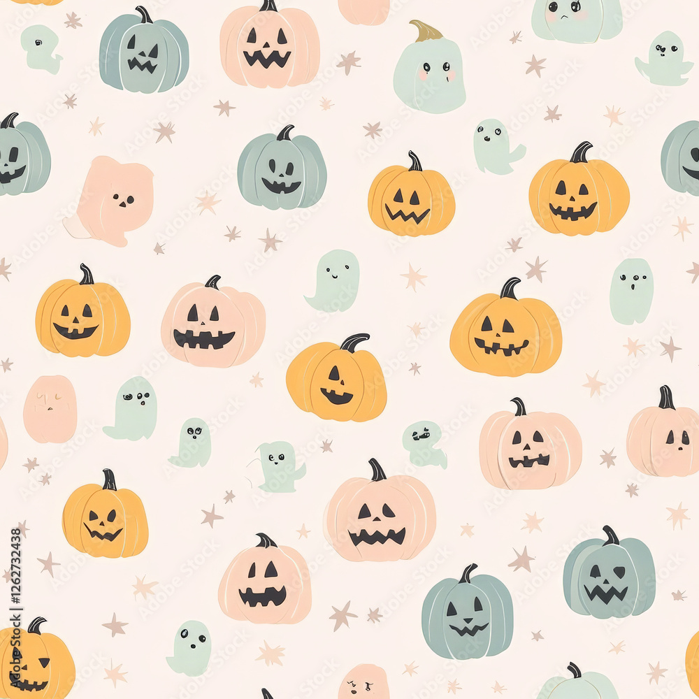 A cute pumpkin pattern with pastel-colored jack-o'-lanterns and tiny ghost friends A cute pumpkin pattern with pastel-colored jack-o'-lanterns and tiny ghost friends