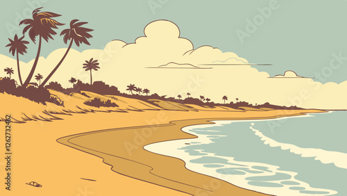 Tropical beach landscape with palms and rolling waves, colorful illustration