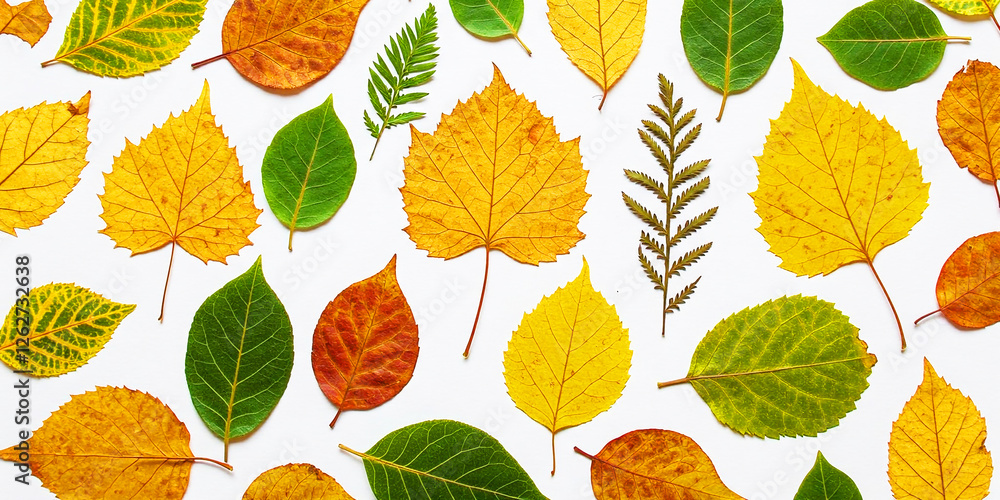 Obraz premium Colorful Foliage Background with Mixed Leaves,Multicolor Leaf Arrangement on Light Surface