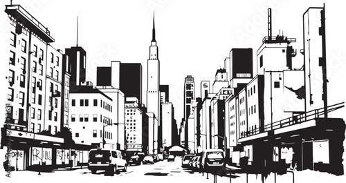 City landscape. Different buildings on street, outline cityscape hand sketch, flat houses. Hand drawn vector illustration