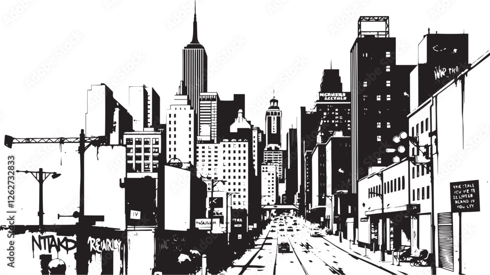 Obraz premium City landscape. Different buildings on street, outline cityscape hand sketch, flat houses. Hand drawn vector illustration