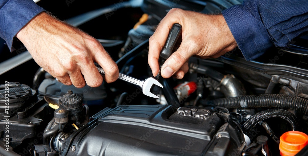 In an auto repair shop, mechanics are using a wrench to service and maintain car engines, illustrating the concept of car service and maintenance checks. In an auto repair shop, mechanics are using a wrench to service and maintain car engines, illustrating the concept of car service and maintenance checks.