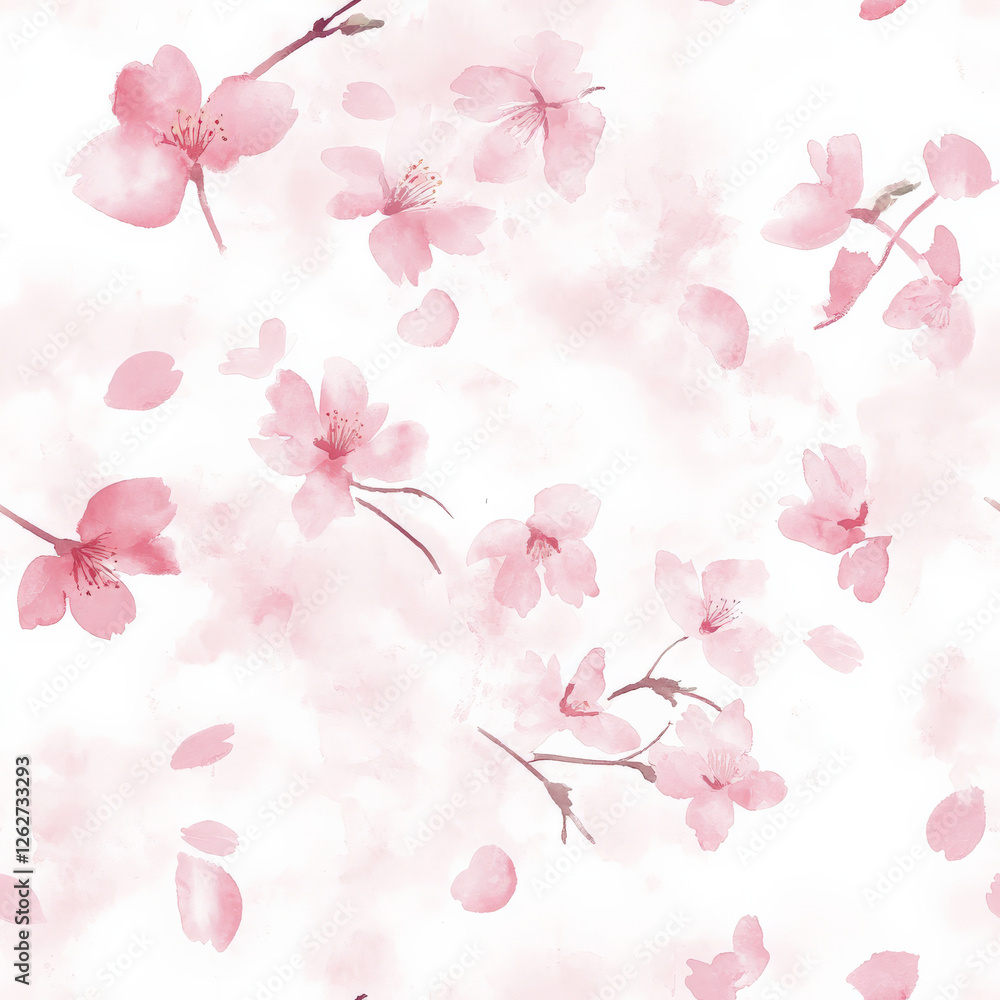 A delicate sakura blossom pattern with pink petals falling gently in the wind, soft watercolor effect A delicate sakura blossom pattern with pink petals falling gently in the wind, soft watercolor effect