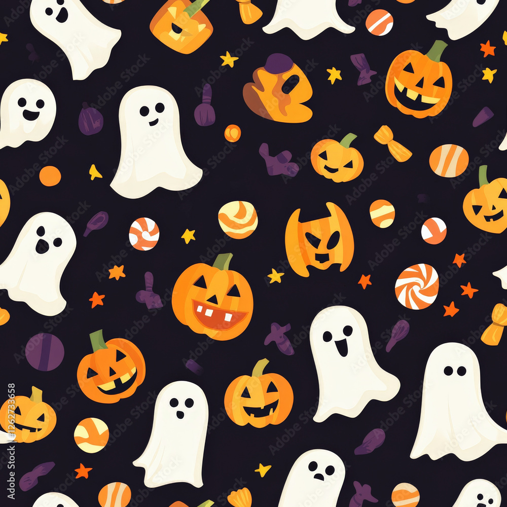 A fun Halloween trick-or-treat pattern with cute ghosts, candies, and carved pumpkins A fun Halloween trick-or-treat pattern with cute ghosts, candies, and carved pumpkins