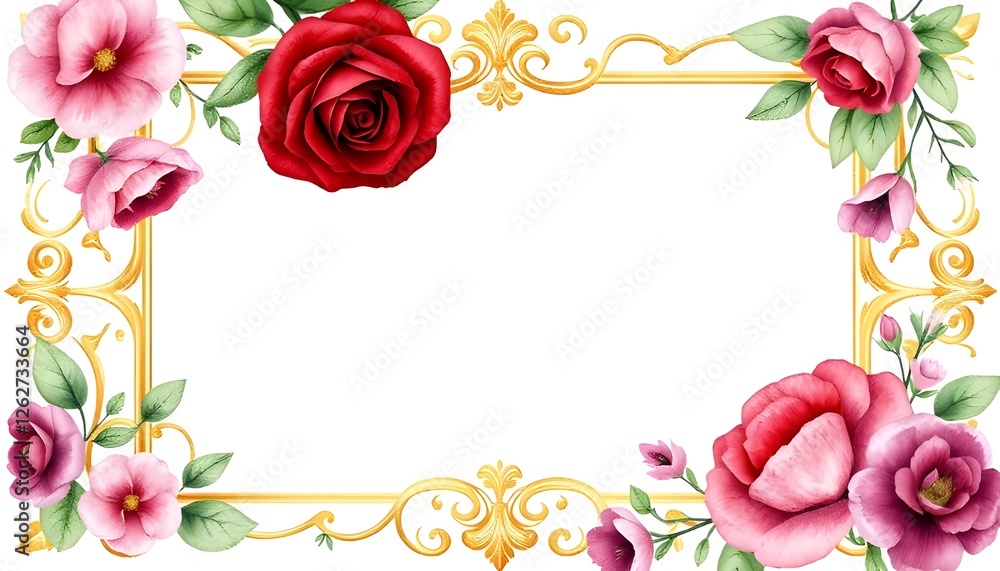 An ornate blank page with an elegant gold-trimmed border, crowned by a deep red rose. The frame consists of hand-painted pink, purple, and green floral motifs. An ornate blank page with an elegant gold-trimmed border, crowned by a deep red rose. The frame consists of hand-painted pink, purple, and green floral motifs.