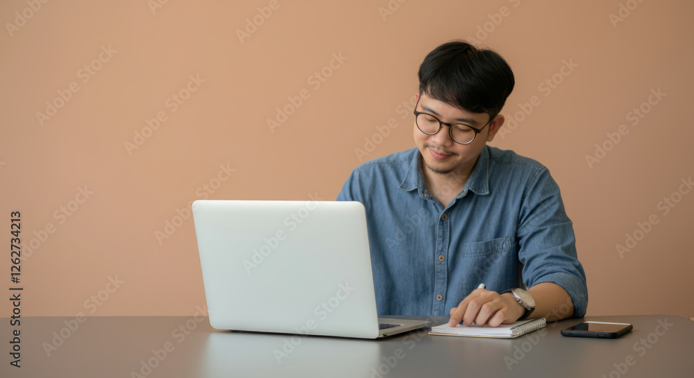A man is sitting at a desk with a laptop and a notebook A man is sitting at a desk with a laptop and a notebook