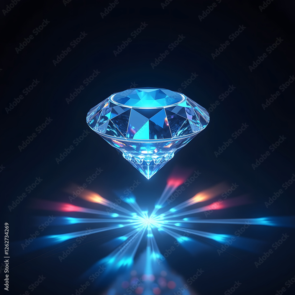 A sparkling blue diamond floats above a glowing surface, radiating colorful light reflections in a dark background creating a sense of luxury and elegance A sparkling blue diamond floats above a glowing surface, radiating colorful light reflections in a dark background creating a sense of luxury and elegance