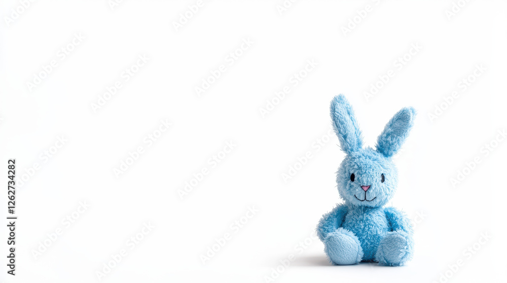 Obraz premium Soft blue plush bunny sitting on white background, perfect for Easter