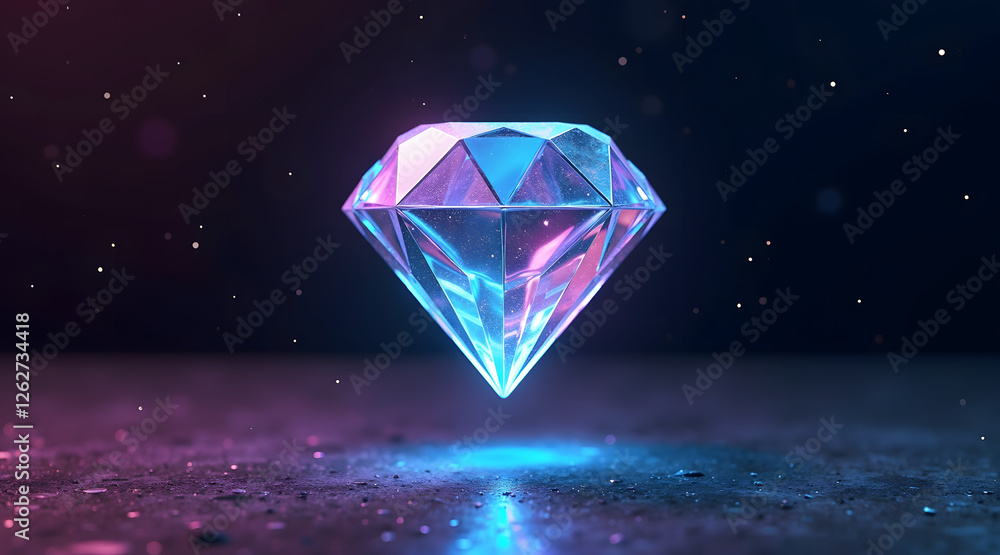 A sparkling diamond floats above a dark surface, illuminated by a vibrant blue and purple glow, creating a magical and luxurious ambiance A sparkling diamond floats above a dark surface, illuminated by a vibrant blue and purple glow, creating a magical and luxurious ambiance