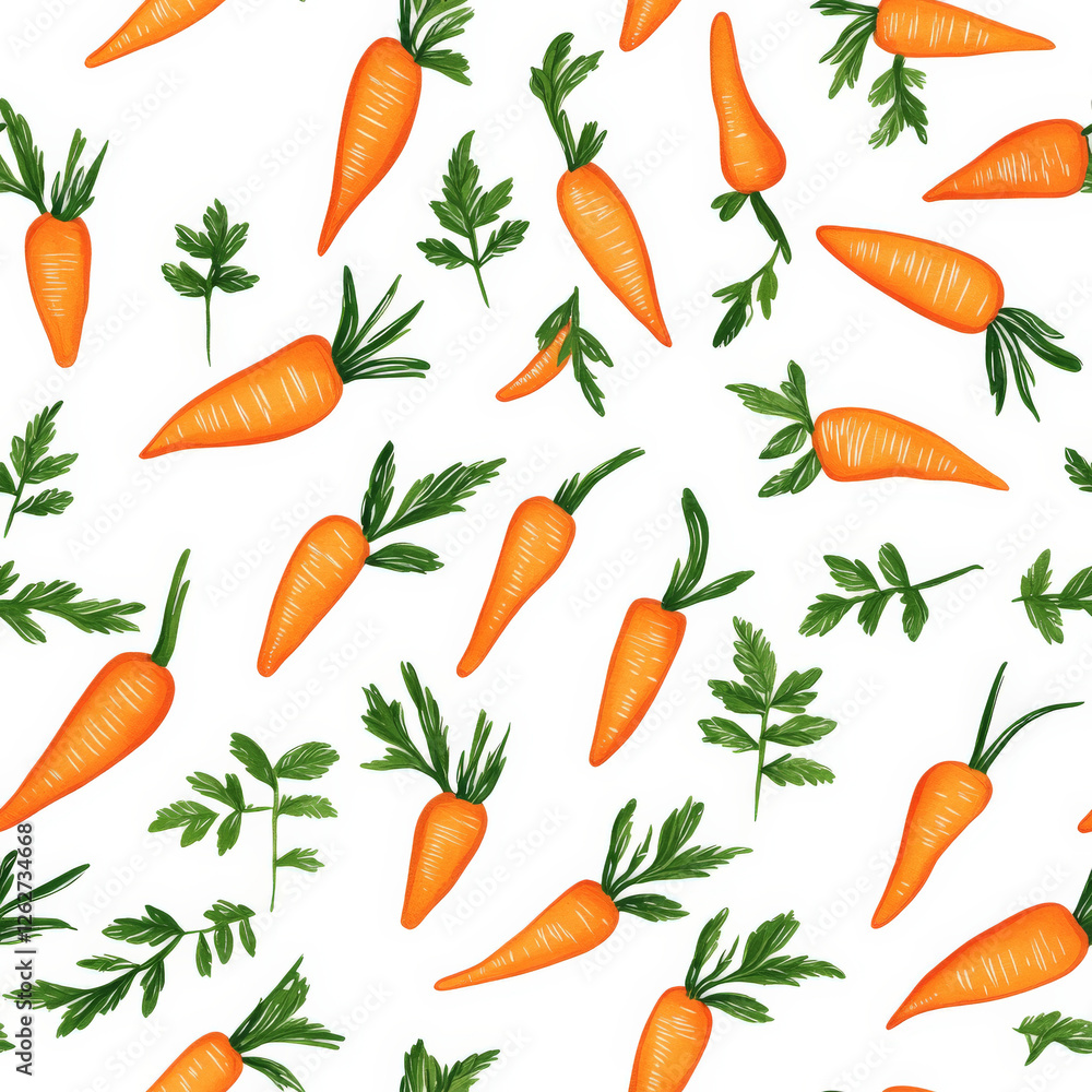 A festive carrot pattern with bright orange carrots and fresh green leaves, scattered playfully A festive carrot pattern with bright orange carrots and fresh green leaves, scattered playfully