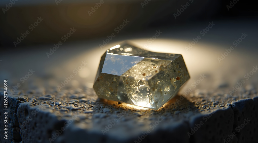 A beautiful crystal glimmers in soft light, showcasing its intricate natural facets and embedded bubbles on a textured surface A beautiful crystal glimmers in soft light, showcasing its intricate natural facets and embedded bubbles on a textured surface