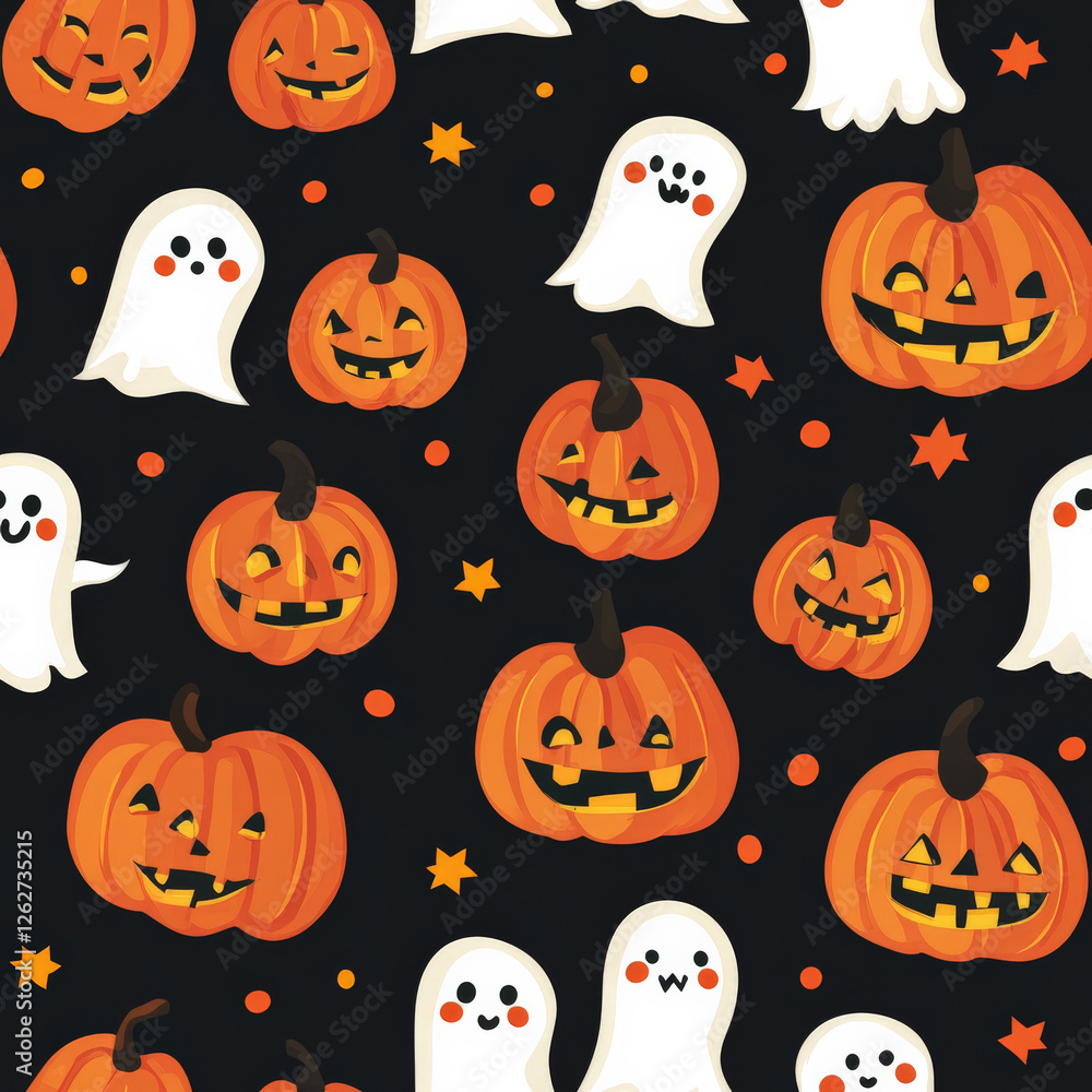 A cute and spooky pumpkin and ghost pattern with playful smiling faces A cute and spooky pumpkin and ghost pattern with playful smiling faces