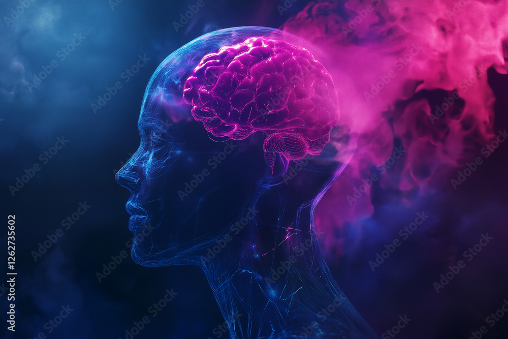 Realistic human silhouette with a translucent skull revealing a glowing AI brain and flowing data streams Realistic human silhouette with a translucent skull revealing a glowing AI brain and flowing data streams