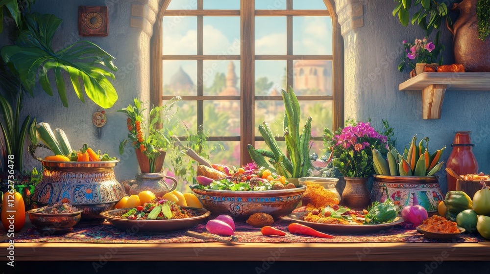 Vibrant display of fresh vegetables and fruits on a rustic kitchen table with a sunlit window view Vibrant display of fresh vegetables and fruits on a rustic kitchen table with a sunlit window view