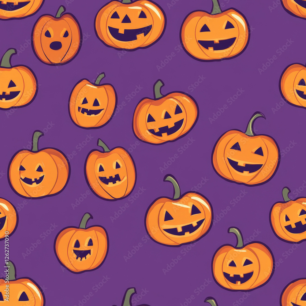 A cute Halloween pumpkin pattern with smiling and winking jack-o'-lanterns on a purple background A cute Halloween pumpkin pattern with smiling and winking jack-o'-lanterns on a purple background