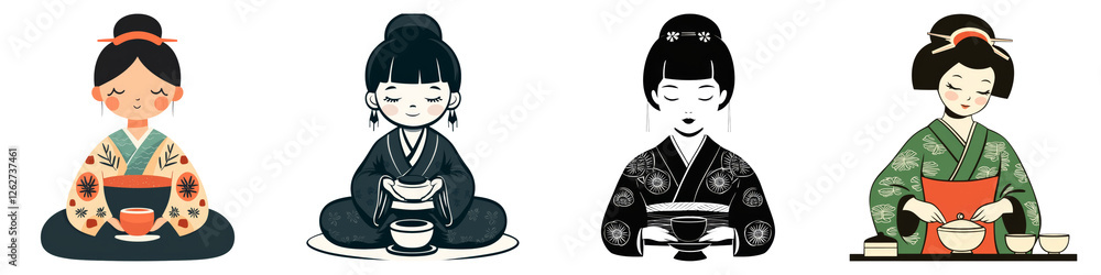 ancient Japan girl and Clipart concept. Four illustrated characters in traditional attire, each in a meditative pose, showcasing cultural diversity. on Transparent background. ancient Japan girl and Clipart concept. Four illustrated characters in traditional attire, each in a meditative pose, showcasing cultural diversity. on Transparent background.