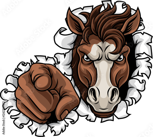 Horse mustang bronco stallion angry mean tough sports team mascot cartoon character design.