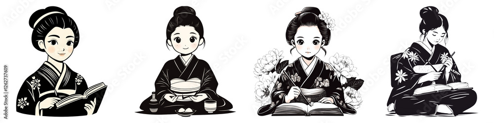 ancient Japan girl and Clipart concept. Four stylized characters in traditional attire, each with unique expressions. on Transparent background. ancient Japan girl and Clipart concept. Four stylized characters in traditional attire, each with unique expressions. on Transparent background.