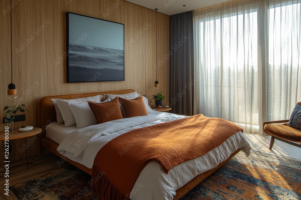Cozy modern bedroom featuring warm tones and natural light during the morning hours Cozy modern bedroom featuring warm tones and natural light during the morning hours