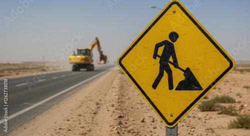 Road Work Ahead Sign with Construction Equipment in Desert Landscape