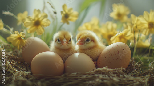 Adorable Baby Chicks Nestled in Eggs Yellow Flowers Spring new cute bird farm life cute image sweet 
