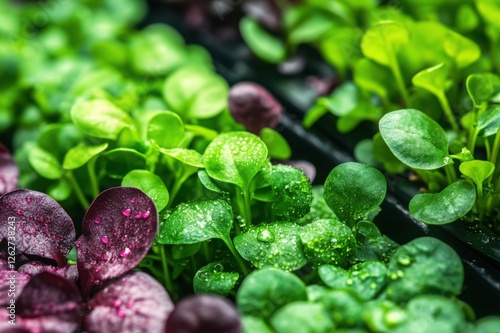 Fresh green and purple microgreens with water droplets growing in trays photo