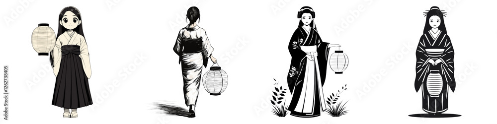 ancient Japan girl and Clipart concept. Four stylized figures in black and white, each holding distinct objects. on Transparent background. ancient Japan girl and Clipart concept. Four stylized figures in black and white, each holding distinct objects. on Transparent background.