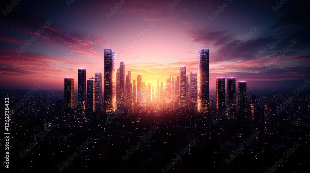 Fototapeta premium Futuristic city skyline at sunset, urban landscape, aerial view
