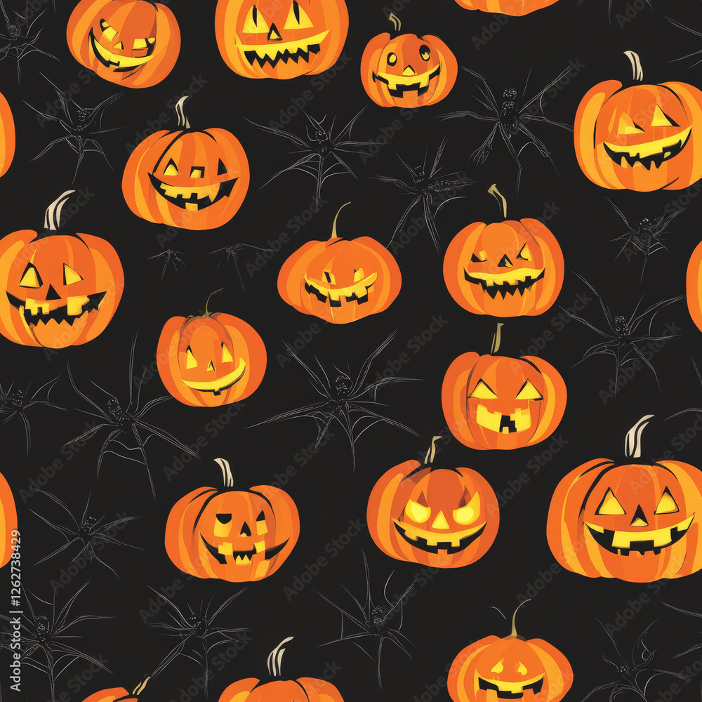 A Halloween spider and pumpkin pattern with creepy crawlers over glowing jack-o'-lanterns A Halloween spider and pumpkin pattern with creepy crawlers over glowing jack-o'-lanterns