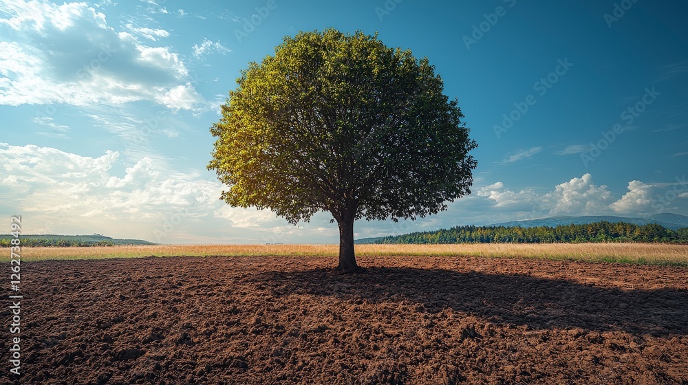 Obraz premium A beautifully shaped tree flourishes under a pristine blue sky, showcasing the tranquility and splendor of nature's vibrant colors in a serene outdoor setting.