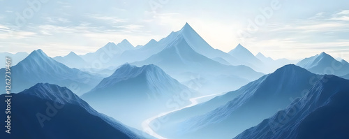 Minimalist mountain peaks with winding trail, triadic color scheme, flat animated design for website banners, minimalist mountains, flat animation photo