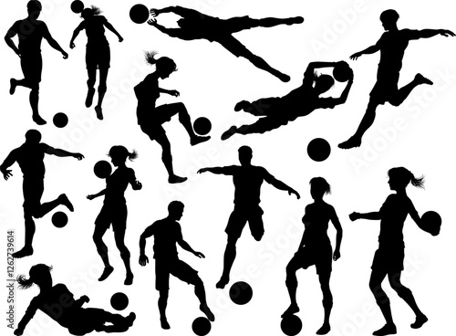 Soccer football player male and female silhouette men and women set