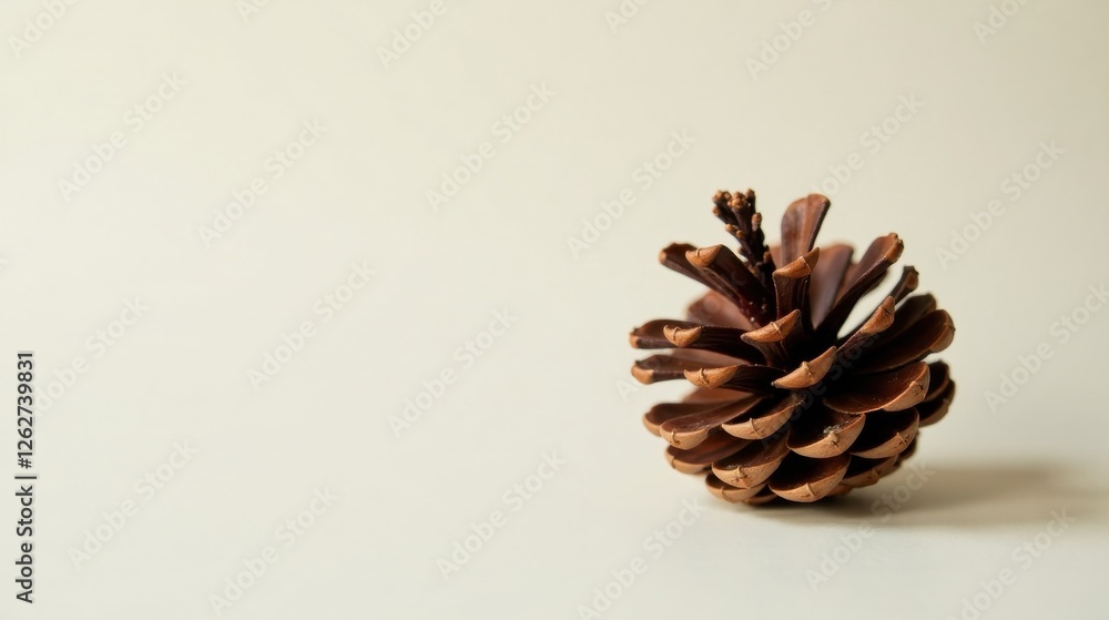 A Single Brown Pine Cone Resting on a Light Beige Surface, Displaying Intricate Details of its Scaly Texture and Natural Form A Single Brown Pine Cone Resting on a Light Beige Surface, Displaying Intricate Details of its Scaly Texture and Natural Form