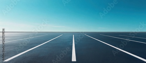 Empty parking lot under a clear blue sky.
