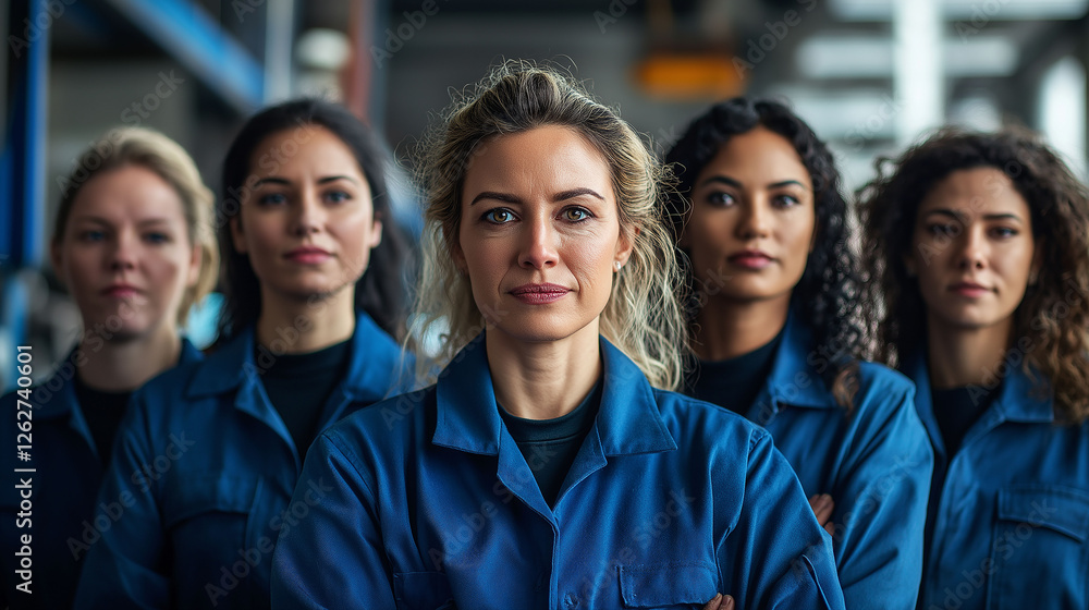 A group of diverse women wears matching work uniforms, symbolizing equality and teamwork in a professional setting A group of diverse women wears matching work uniforms, symbolizing equality and teamwork in a professional setting