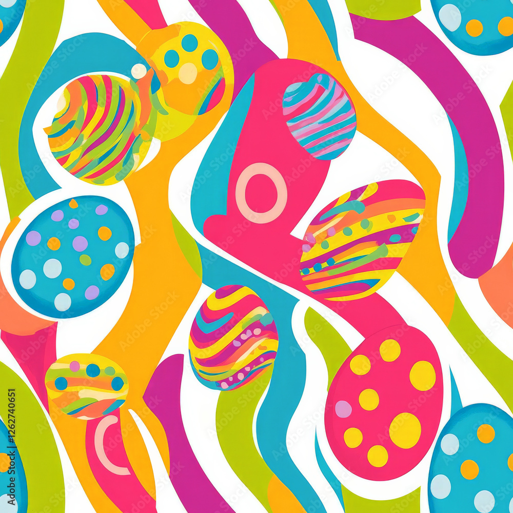 Naklejka premium A candy-colored Easter egg pattern with bright swirls, polka dots, and playful stripes