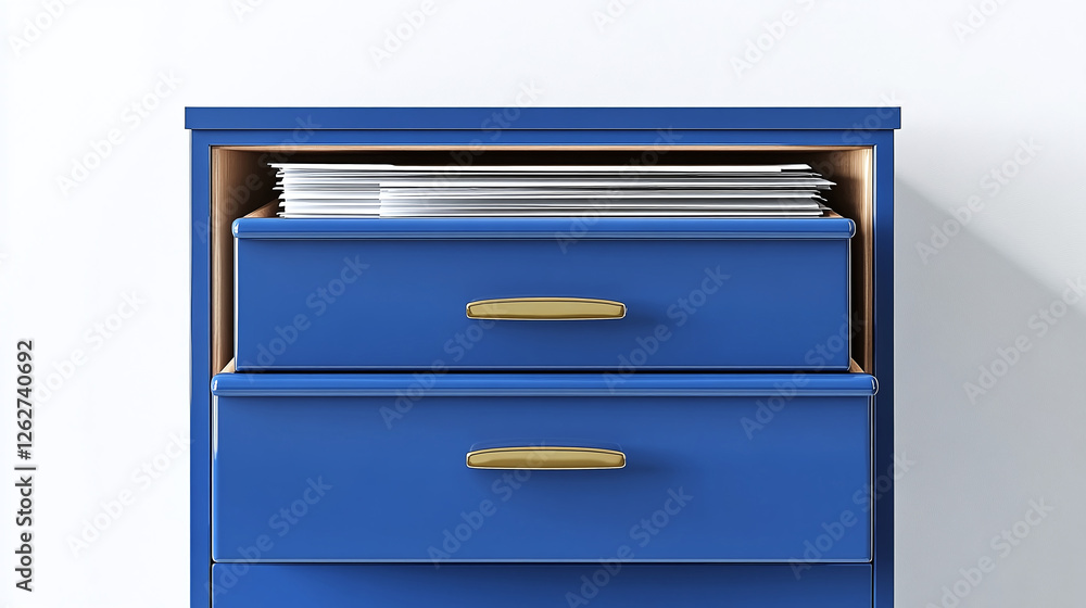 Stylish blue file cabinet with gold handles and neatly stacked white documents in the top drawer. Organization and storage solution. Stylish blue file cabinet with gold handles and neatly stacked white documents in the top drawer. Organization and storage solution.