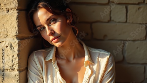 Pensive Woman Leaning Against Brick Wall in Warm Sunlight