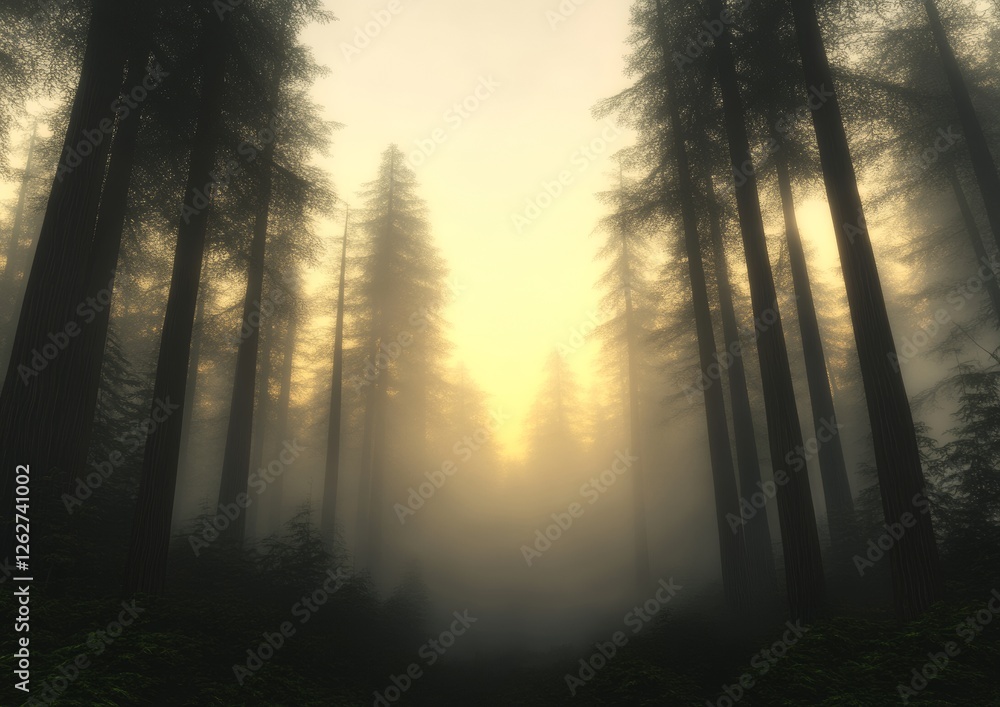 Fototapeta premium A serene forest scene shrouded in mist, illuminated by a soft light, creating a mystical and tranquil atmosphere.