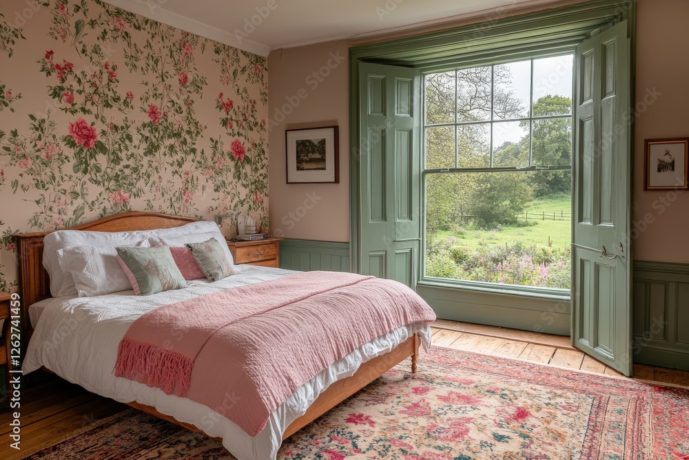 Fototapeta premium Cozy bedroom with floral wallpaper and scenic view through large open window overlooking a lush garden