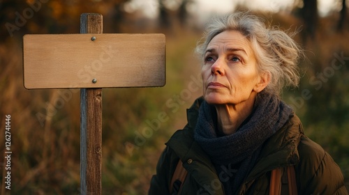 Pensive senior woman hiker looking at a blank wooden sign in a forest at sunset, choosing the right direction for her hike, representing decision making, choice, and fear of better options photo