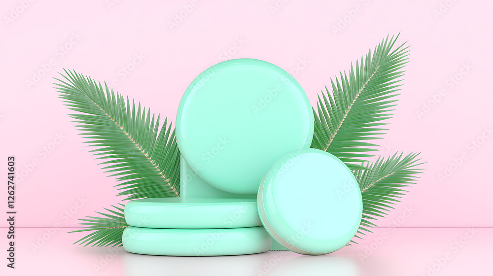 Mint Green Product Display Podium with Tropical Palm Leaves for Stylish Marketing and Advertising Mint Green Product Display Podium with Tropical Palm Leaves for Stylish Marketing and Advertising