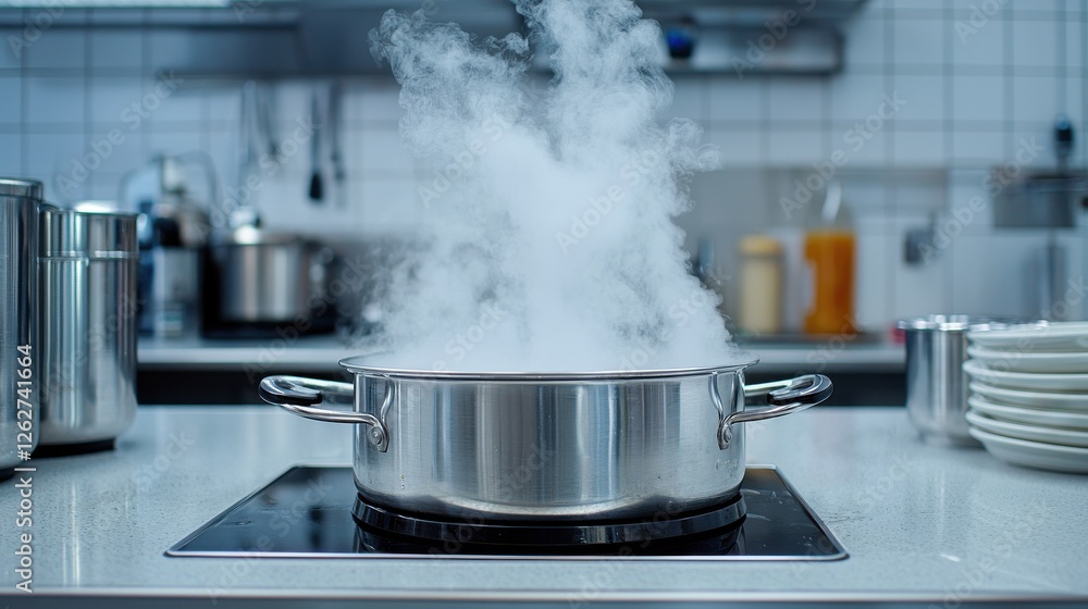Steaming Stock Pot on Modern Induction Cooktop Steaming Stock Pot on Modern Induction Cooktop