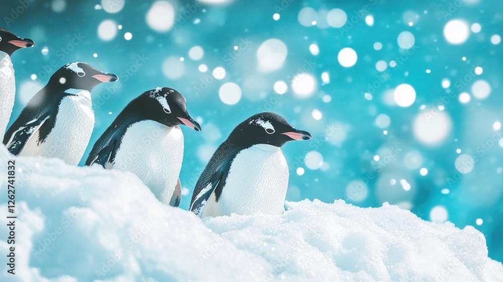 Obraz premium Group of penguins walking in snow with a blurred icy background, creating a serene winter scene
