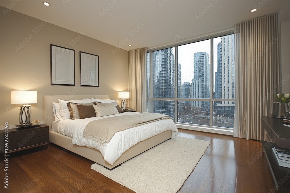 Fototapeta premium Modern bedroom featuring large windows with city views and neutral decor in a high-rise apartment