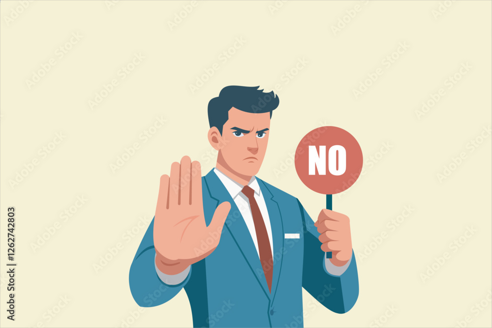 Stop sign and rejection concept. Young serious man standing with red sign stop in hands and showing his palm with refusing emotion. Stop sign and rejection concept. Young serious man standing with red sign stop in hands and showing his palm with refusing emotion.