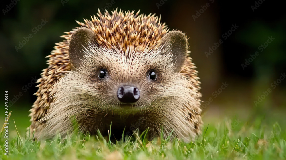 hedgehog in grassy area, showcasing its unique spines and curious expression hedgehog in grassy area, showcasing its unique spines and curious expression